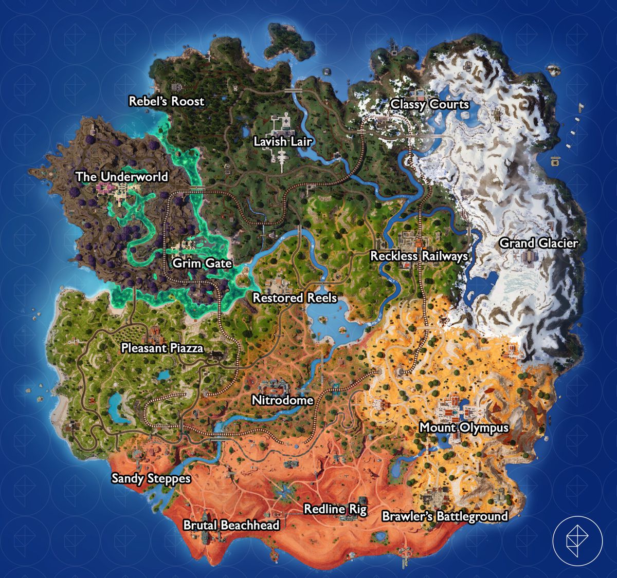 The Fortnite C5S3 map, with each point of interest labeled