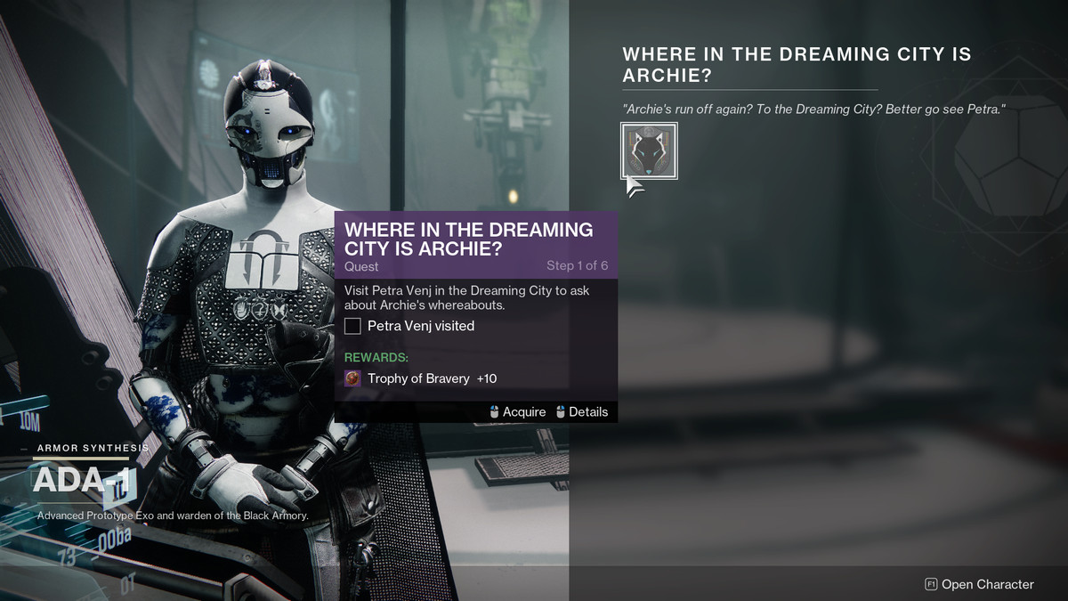 Starting the “Where in the Dreaming City is Archie” quest in Destiny 2