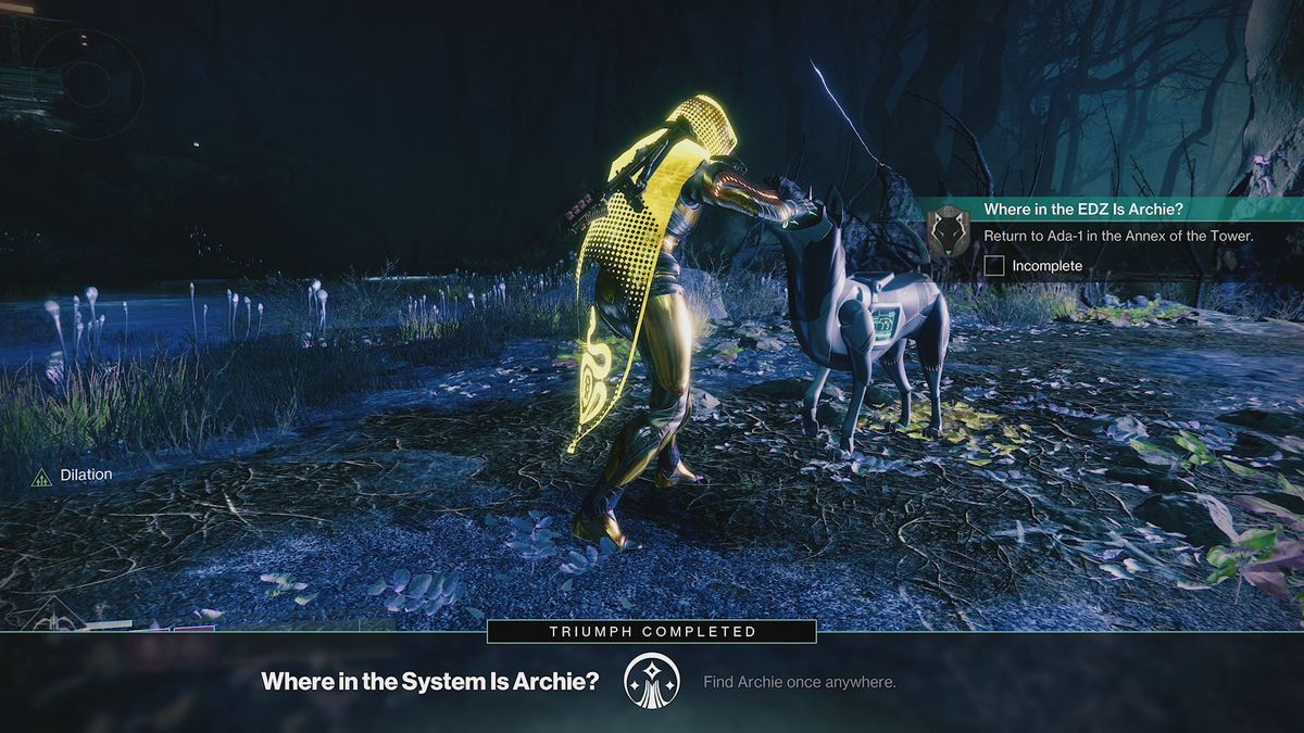 Petting Archie at the end of the Where in the EDZ is Archie? quest in Destiny 2