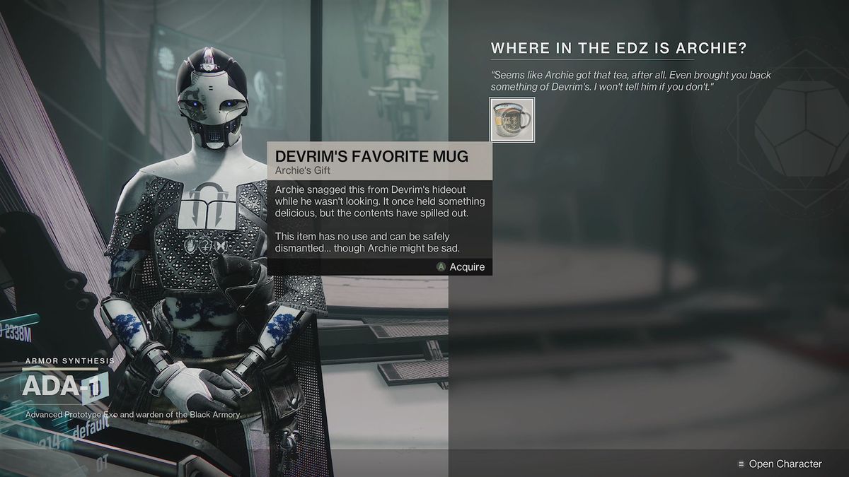 Receiving the Devrim’s Favorite Mug reward from Ada in Destiny 2