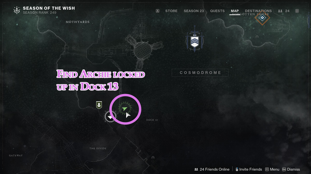 A map showing the location for Archie in Dock 13 in Destiny 2