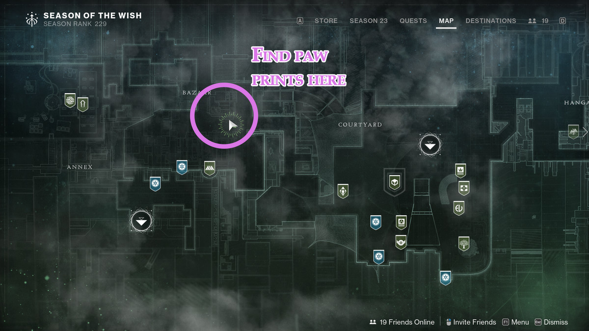 A map showing the location of Archie’s footprints in The Tower in Destiny 2