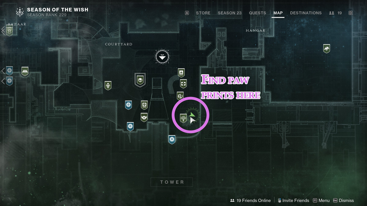 A map showing the location of Archie’s footprints in The Tower in Destiny 2