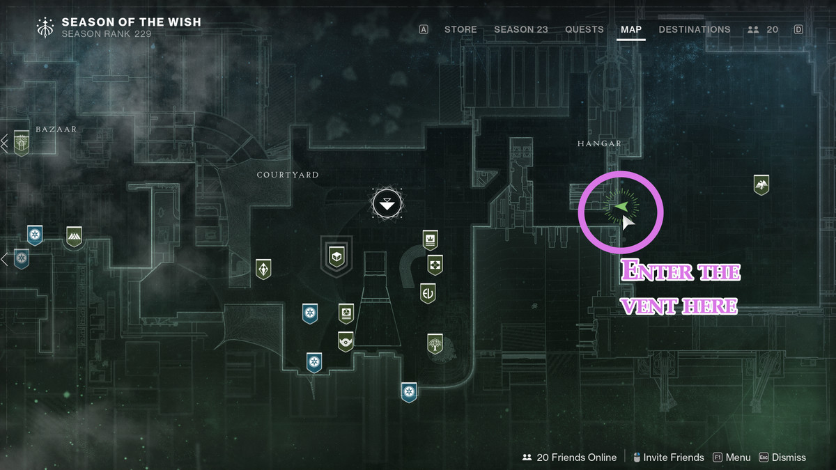 A map showing the location of a secret vent in The Tower in Destiny 2