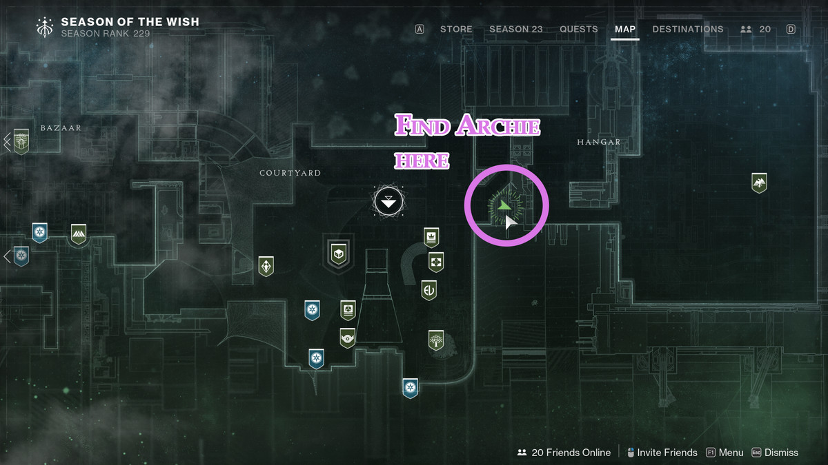 A map showing the location of Archie in The Tower in Destiny 2