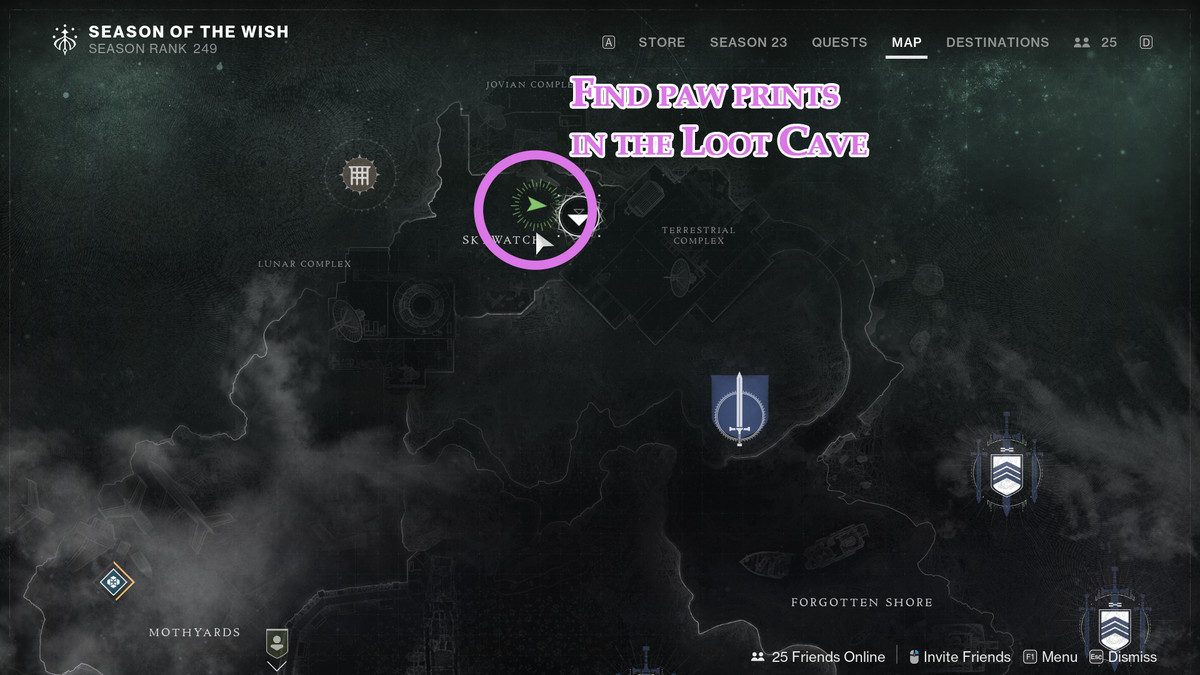 A map showing the location of the Loot Cave in Destiny 2