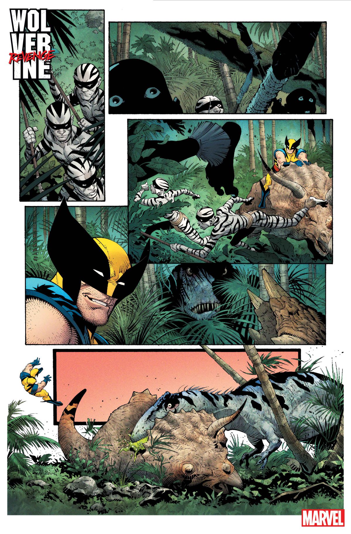 Zebra People flee as Wolverine watches, grinning, a huge theropod-type dinosaur leaps from hiding and takes down his ceratops mount, throwing him off, in Wolverine: Revenge #1.