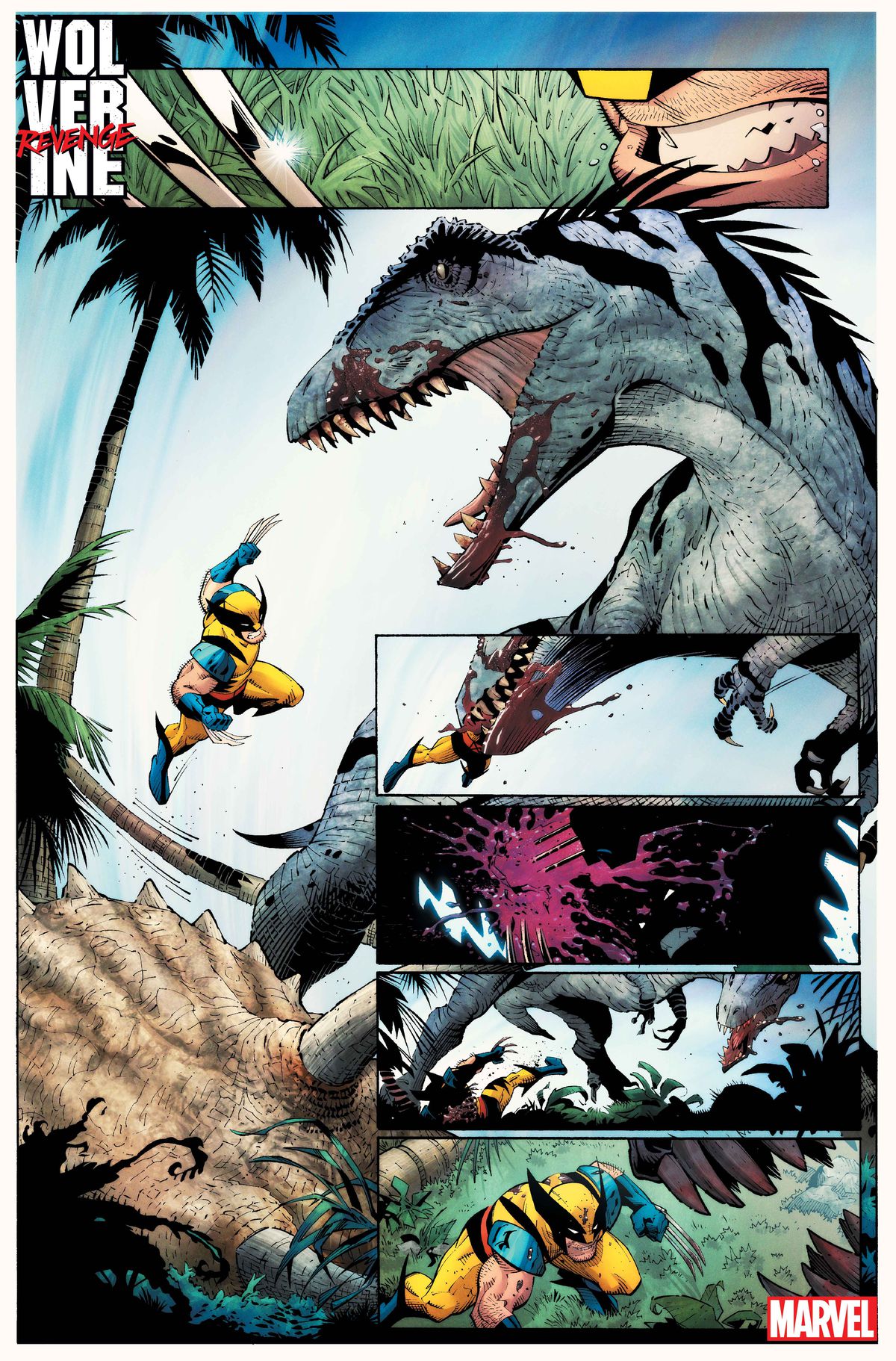 Wolverine unsheathes his claws and leaps at a therapod-type dinosaur standing over its fresh triceratops kill. It snaps Wolverine up in its jaws, but then spits him out when Wolverine slashes it with his claws, in Wolverine: Revenge #1.