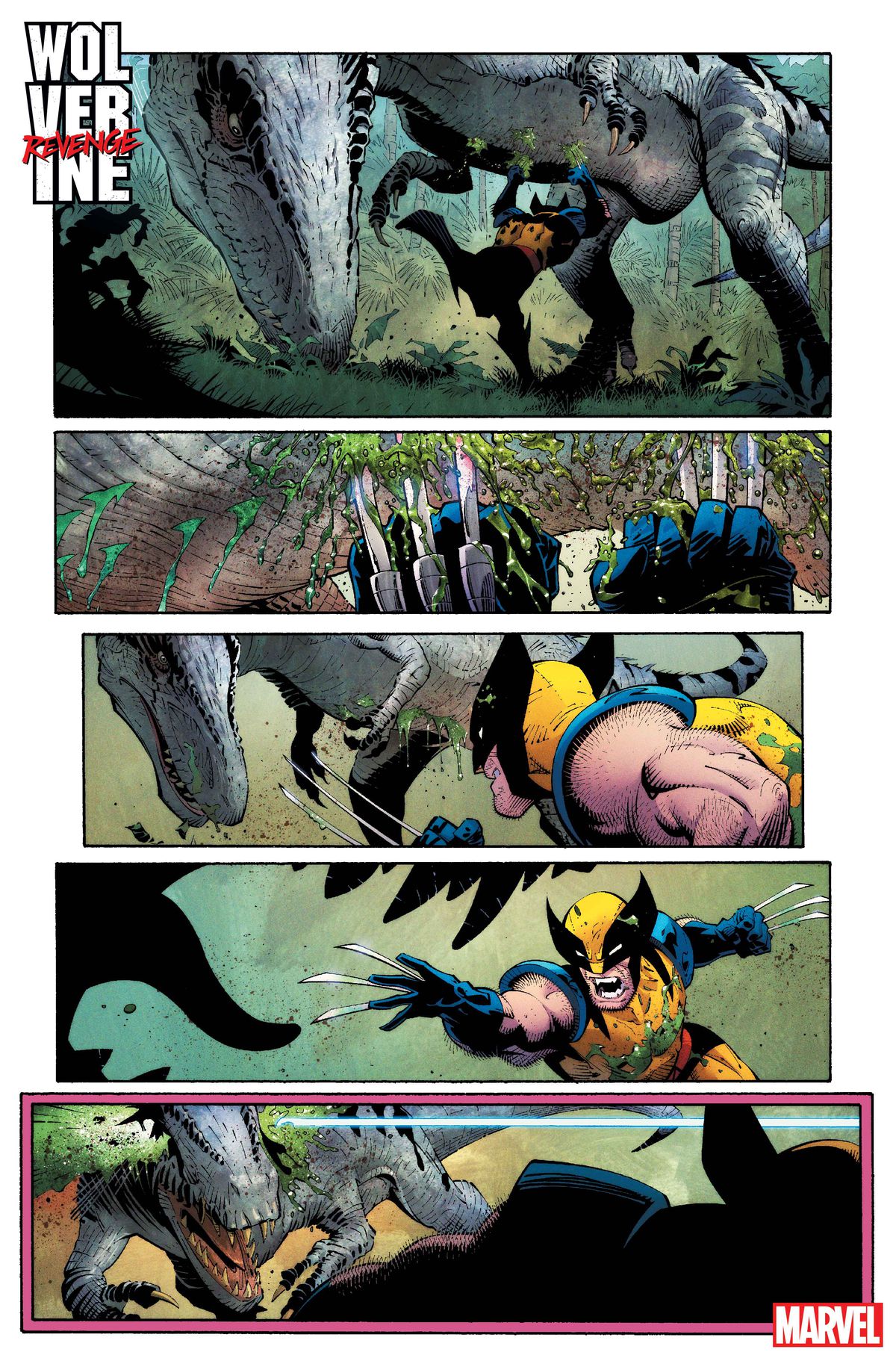 Wolverine runs beneath a therapod-type dinosaur, slashing at its belly with his claws. He and the dinosaur square off and are about to clash again when a projectile or laser of some kind shoots in from off panel, blasting through the dinosaur’s head from eye to eye, in Wolverine: Revenge #1.