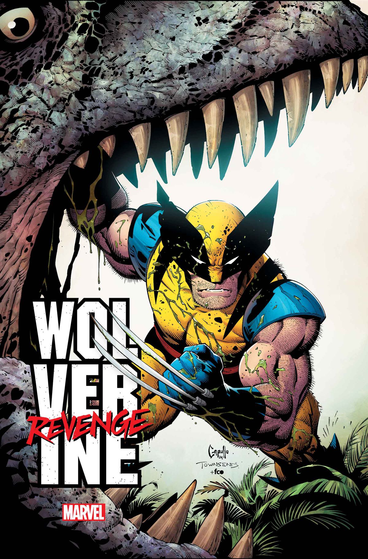 Wolverine brandishes a claw on the cover of Wolverine: Revenge #1. He’s standing in the jaws of what looks like a tyrannosaurus, holding it’s mouth open with his other hand.