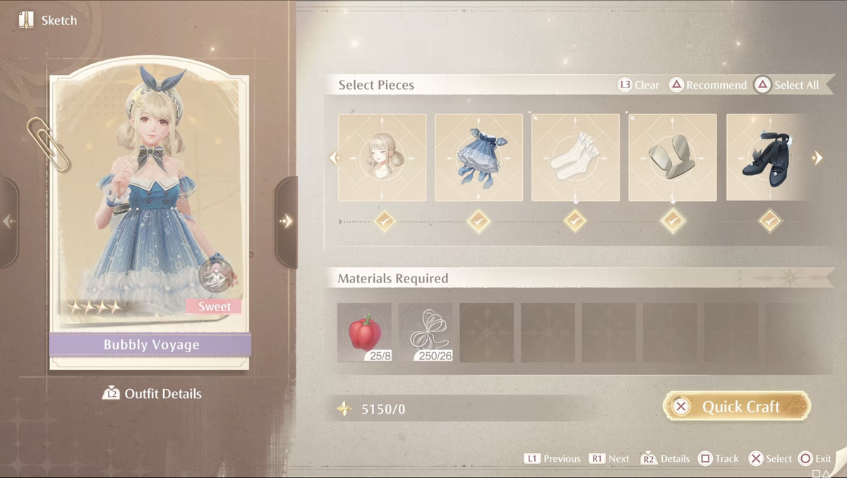 The outfit crafting and selection menu in Infinity Nikki shows several items of clothing and materials