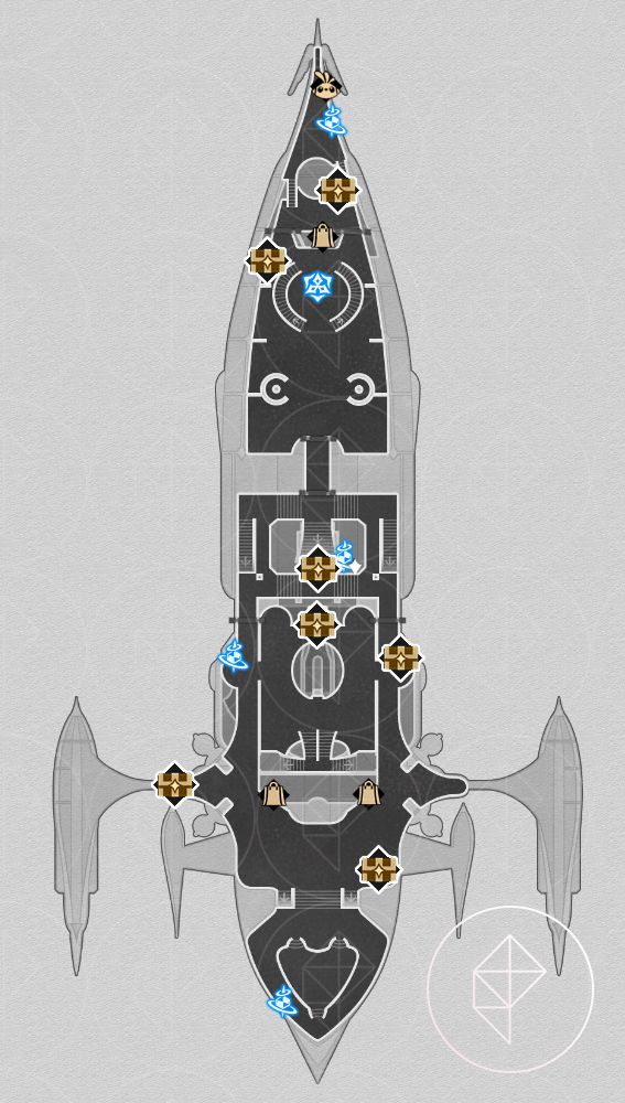 A map of the middle floor of The Radiant Feldspar boat in Honkai: Star Rail