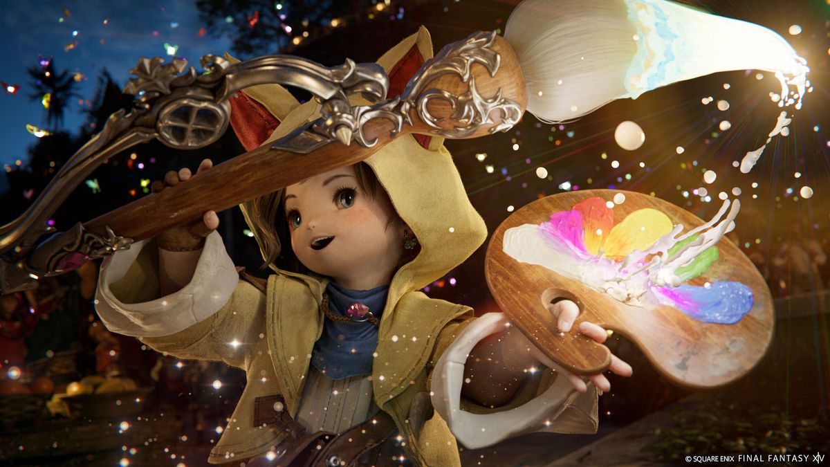 A Lalafell Pictomancer swipes its magical paintbrush across a canvas to cast a spell in artwork for Final Fantasy 14