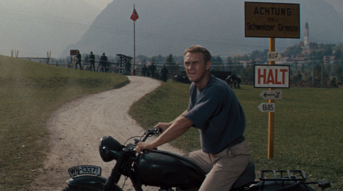 A shot of Steve McQueen on a motorcycle from The Great Escape
