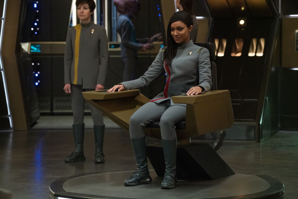 Burnham (Sonequa Martin-Green) sits in the captain chair in the season 3 finale of Star Trek: Discovery