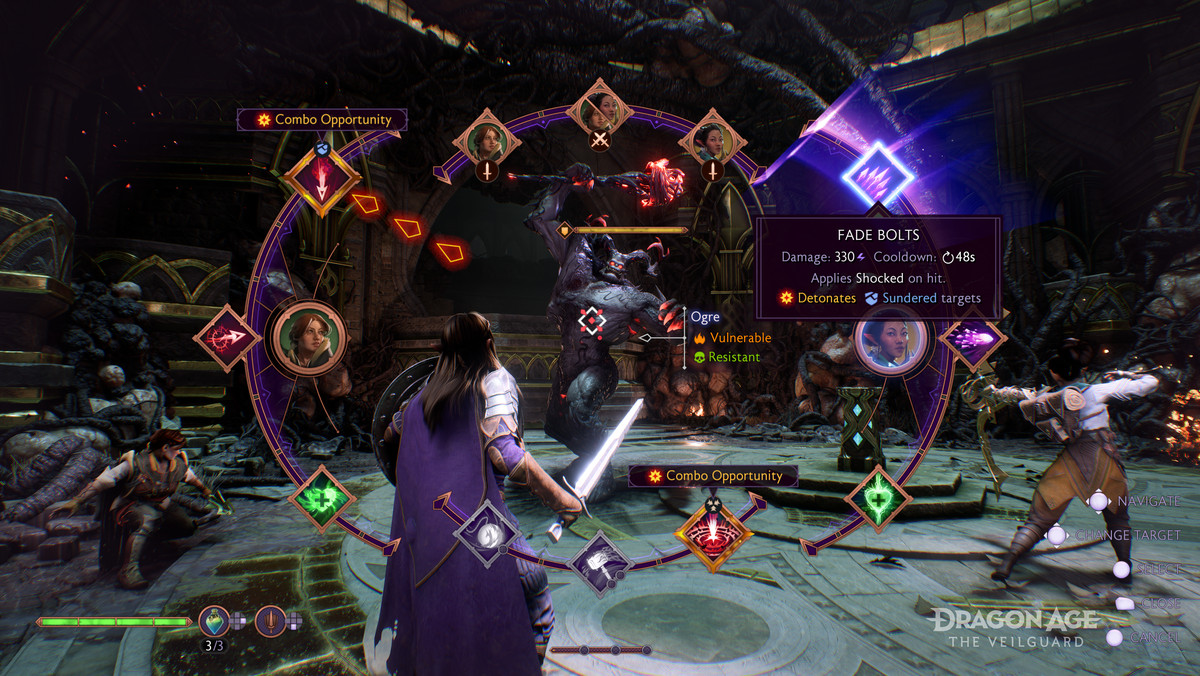 A screenshot of one of the combat UI screens in Dragon Age: The Veilgaurd, depicting different special attacks the main character can perform