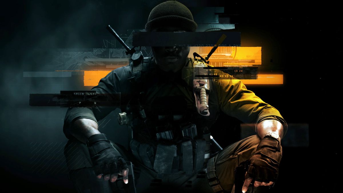 Key art for Call of Duty: Black Ops 6, an image of a soldier in fatigues squatting in the traditional Black Ops cover art pose, his face obscured with blocks of color in the style of redacted information.
