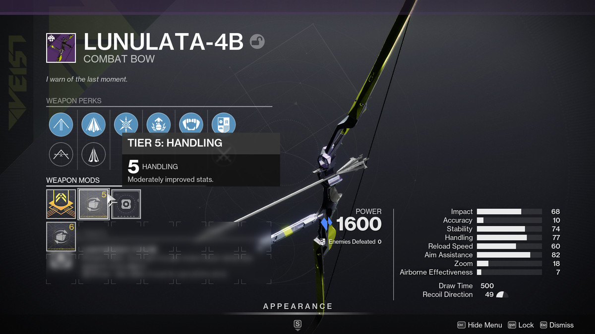 A Guardian inspects the Lunulata-4B bow in Destiny 2