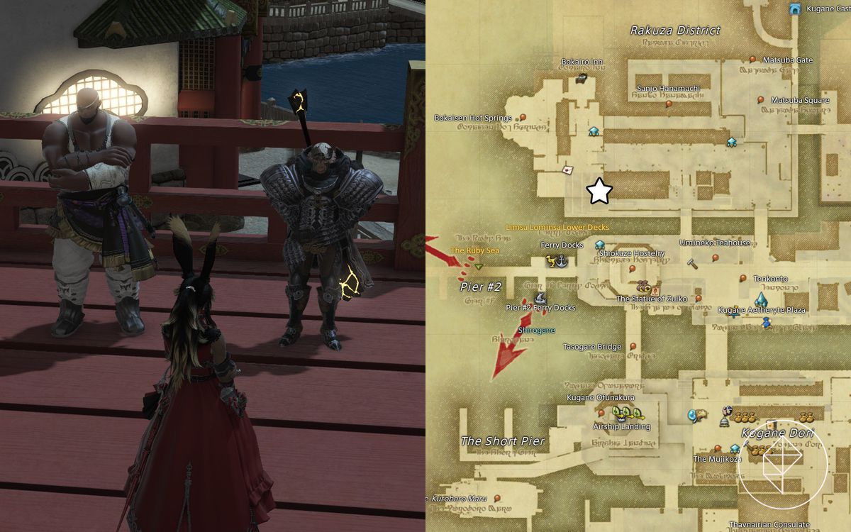 A FFXIV map showing where to find the Hearty Hunter in Kugane