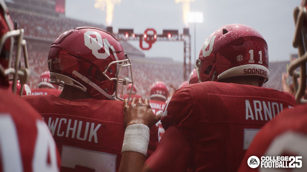 Gavin Sawchuk and Jackson Arnold of the Oklahoma Sooners walk out onto the field at the Palace on the Prairie in a screenshot from EA Sports College Football 25