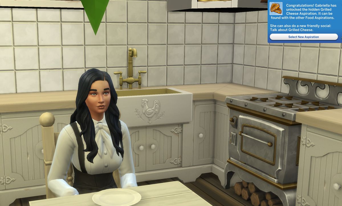 The Sims 4 character Gabriella sitting at her kitchen table after eating three grilled cheese sandwiches in a row. There is a pop-up saying she’s unlocked the hidden Grilled Cheese aspiration.