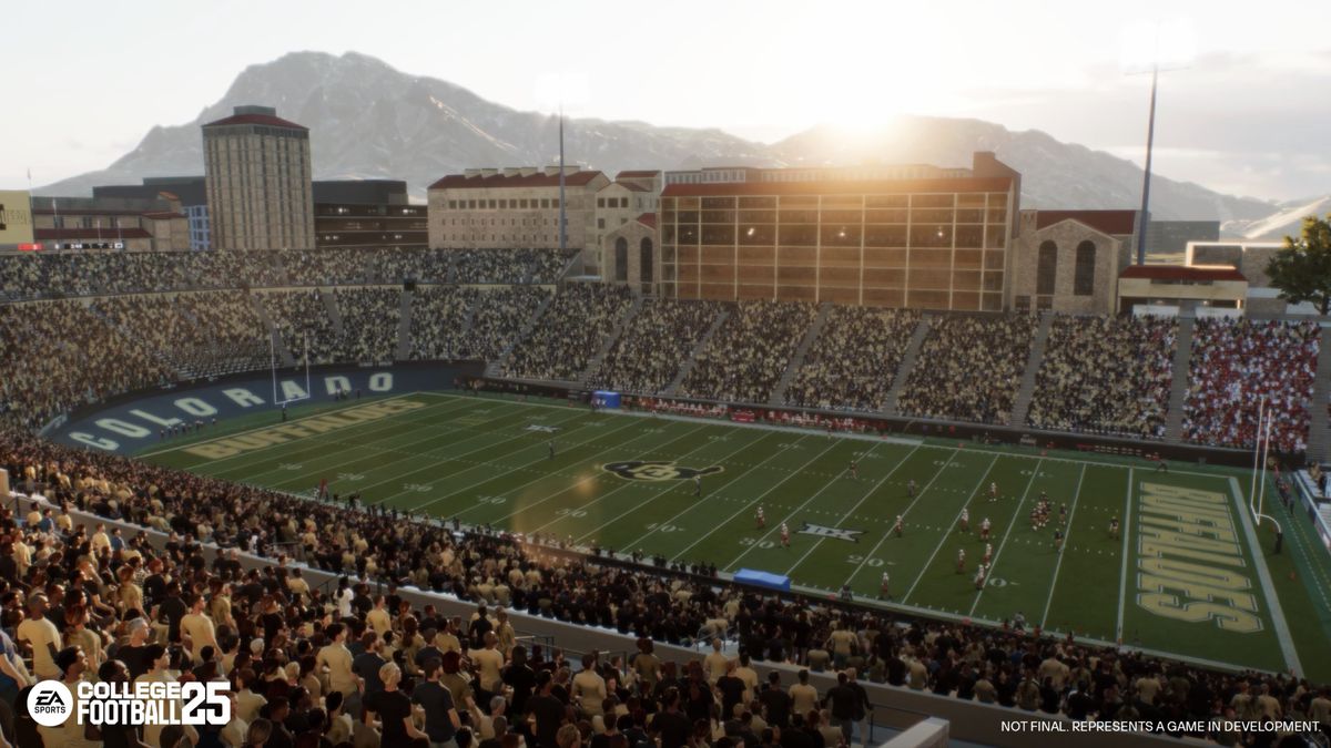 A wide overhead shot of the Colorado Buffaloes football stadium in EA Sports College Football 25