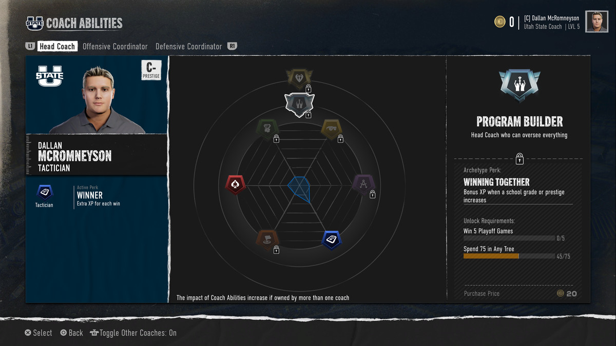 A UI screen from EA Sports College Football 25’s Dynasty mode for designing a football coach’s specialties, depicting a custom coach who is delineated as a “tactician”