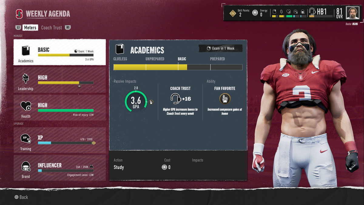 A UI screen from EA Sports College Football 25 that delineates a customizable football player’s priorities, in terms of whether they should be focusing on their schoolwork, their workouts, or their social media following