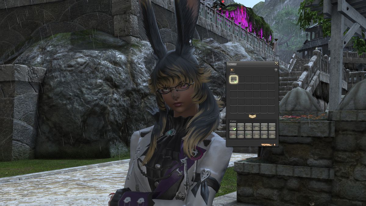 A Viera with the “facewear” menu up for different glasses types in FFXIV