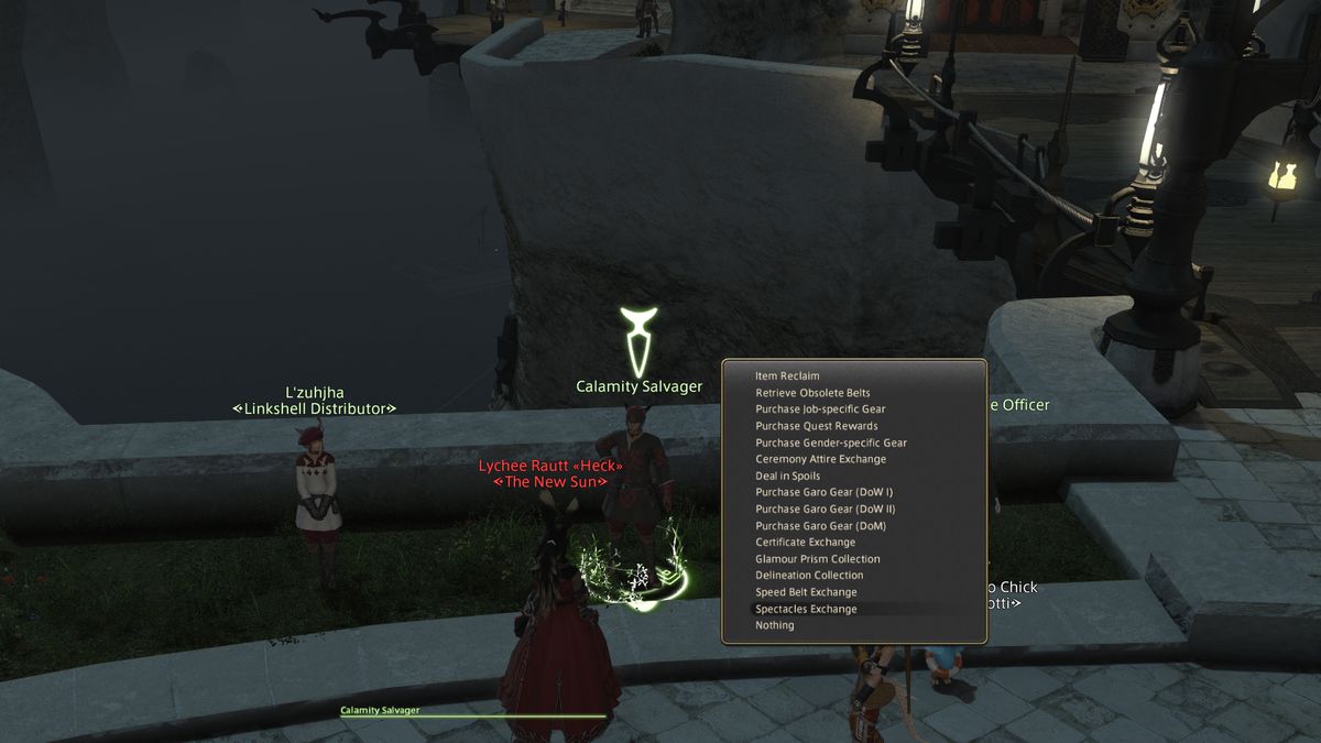 A Calamity Salvager in Limsa Lominsa with his menu of options in FFXIV