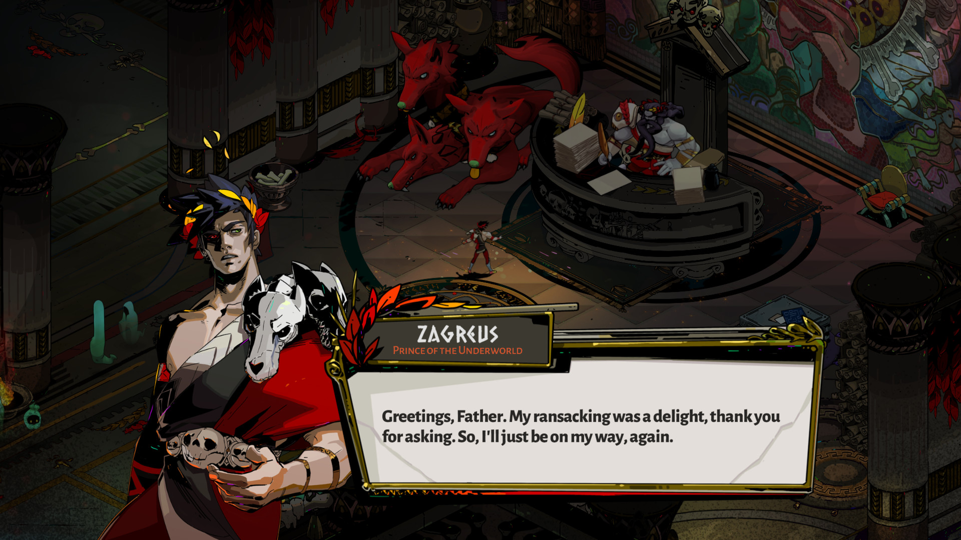 Zagreus speaks with his father in a screenshot from Hades