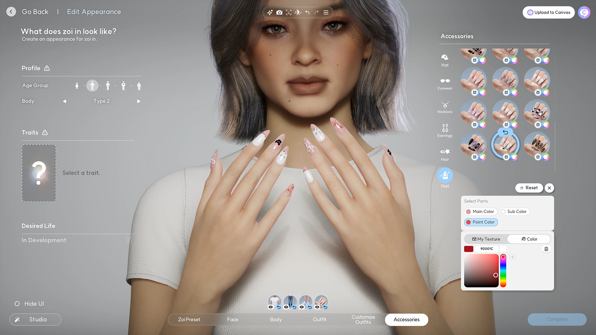 A screenshot of Inzoi shows a realistic character creator mode featuring a woman with long, decorated finger nails