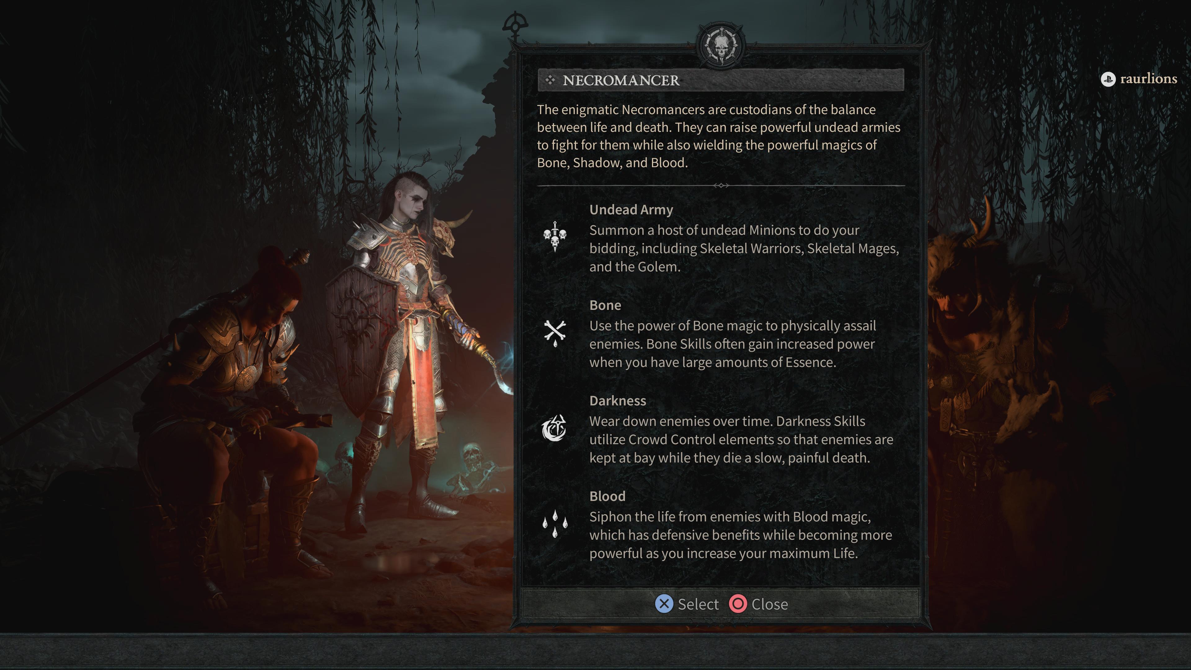 A necromancer stands at a campfire next to a text description of the necromancer class in Diablo 4.