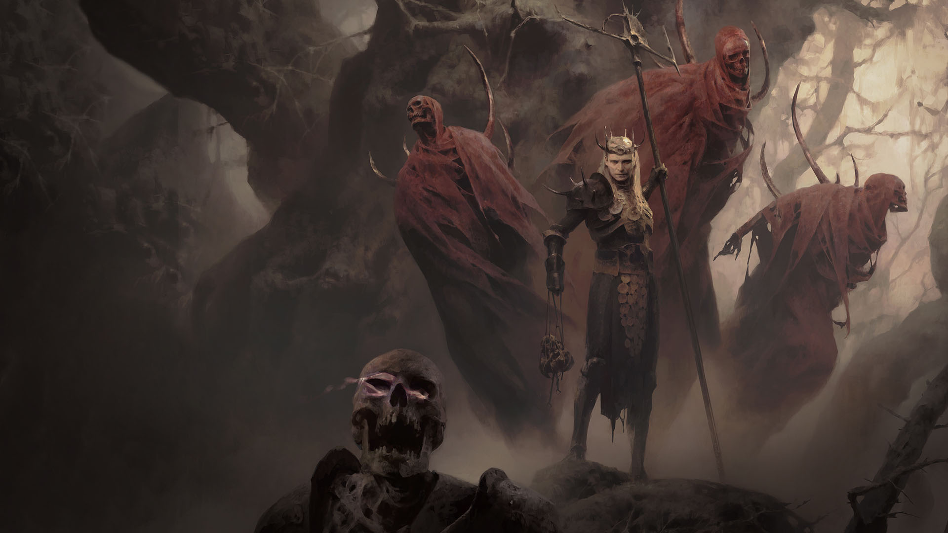 A Necromancer standing in front of three bloody skeletons in Diablo 4 concept art