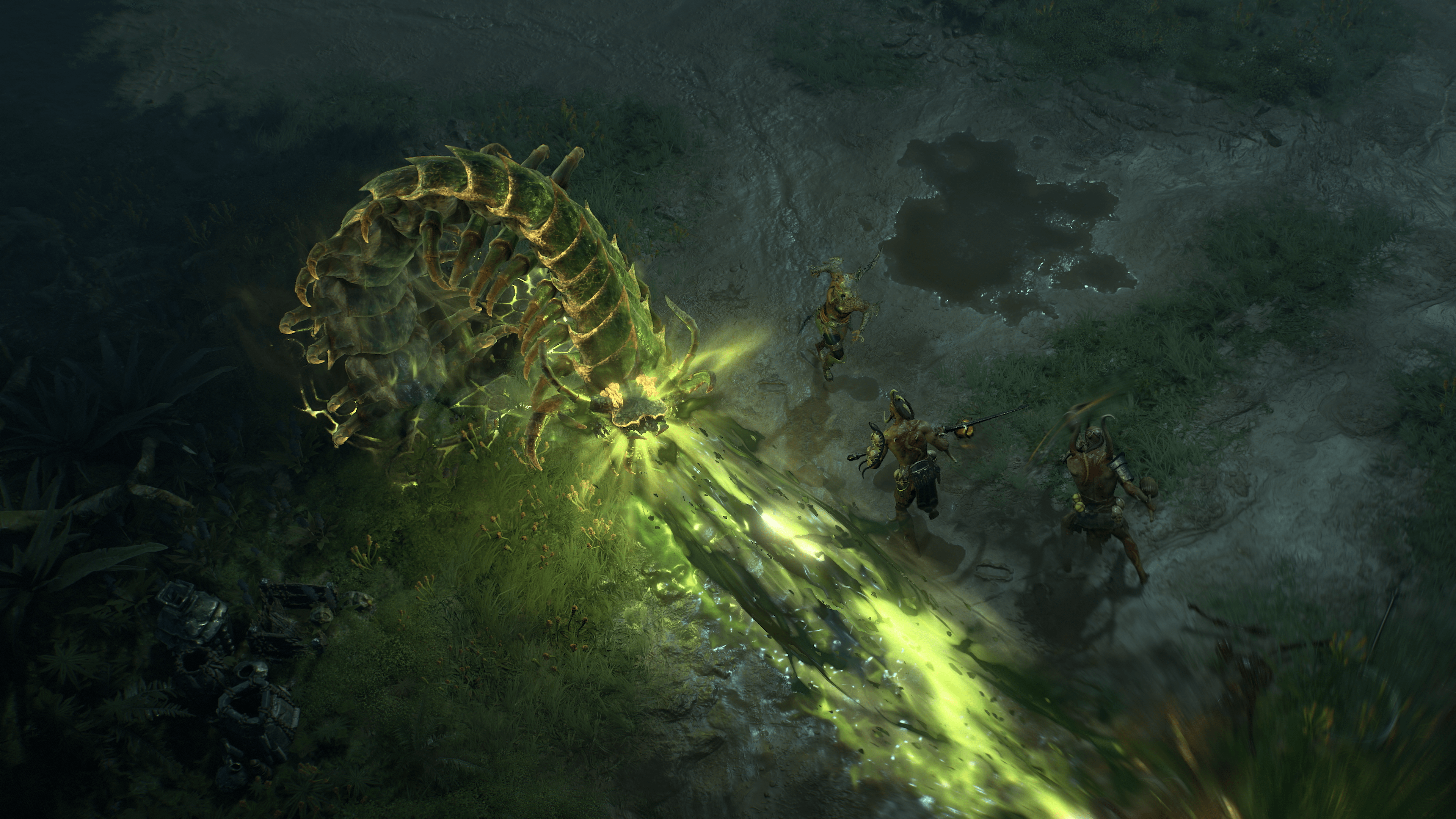 A giant green spirit centipede spews poison on enemies in Diablo 4: Vessel of Hatred