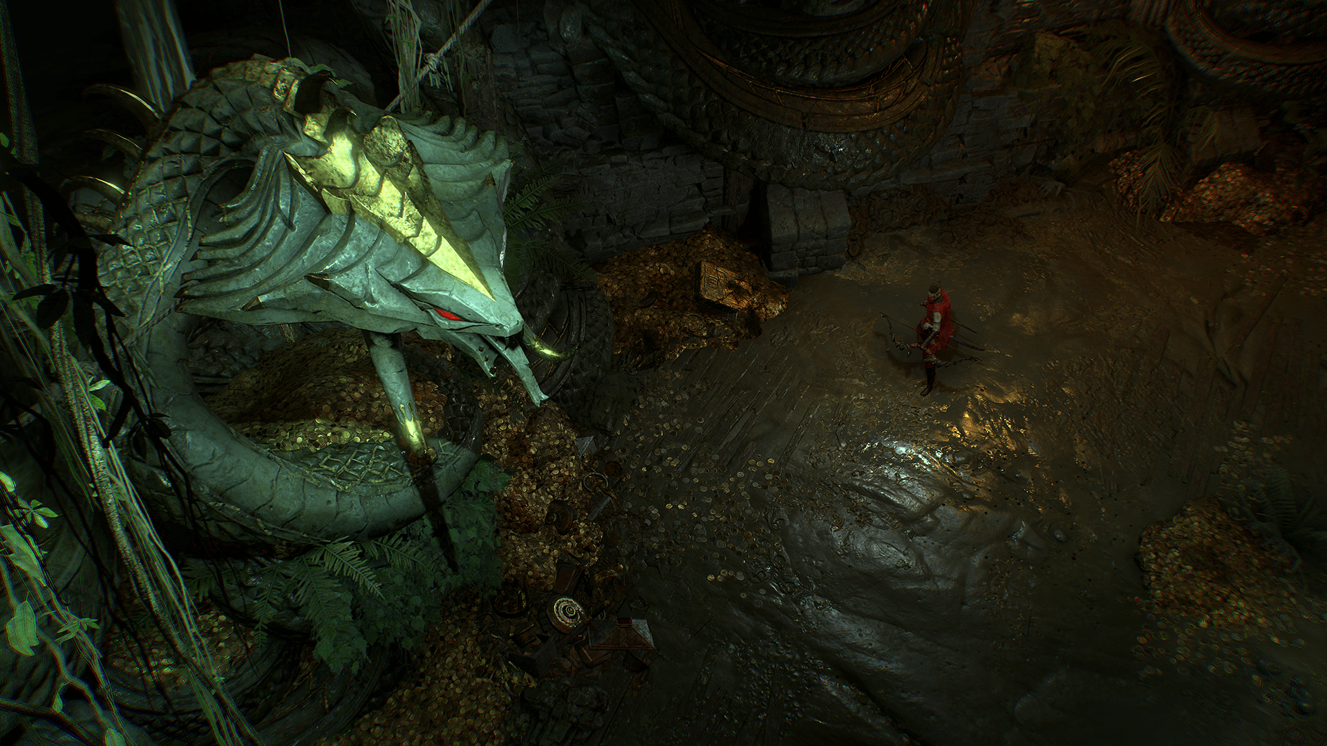 An adventurer stands in a dungeon dwarfed by a massive snake statue in Diablo 4: Vessel of Hatred