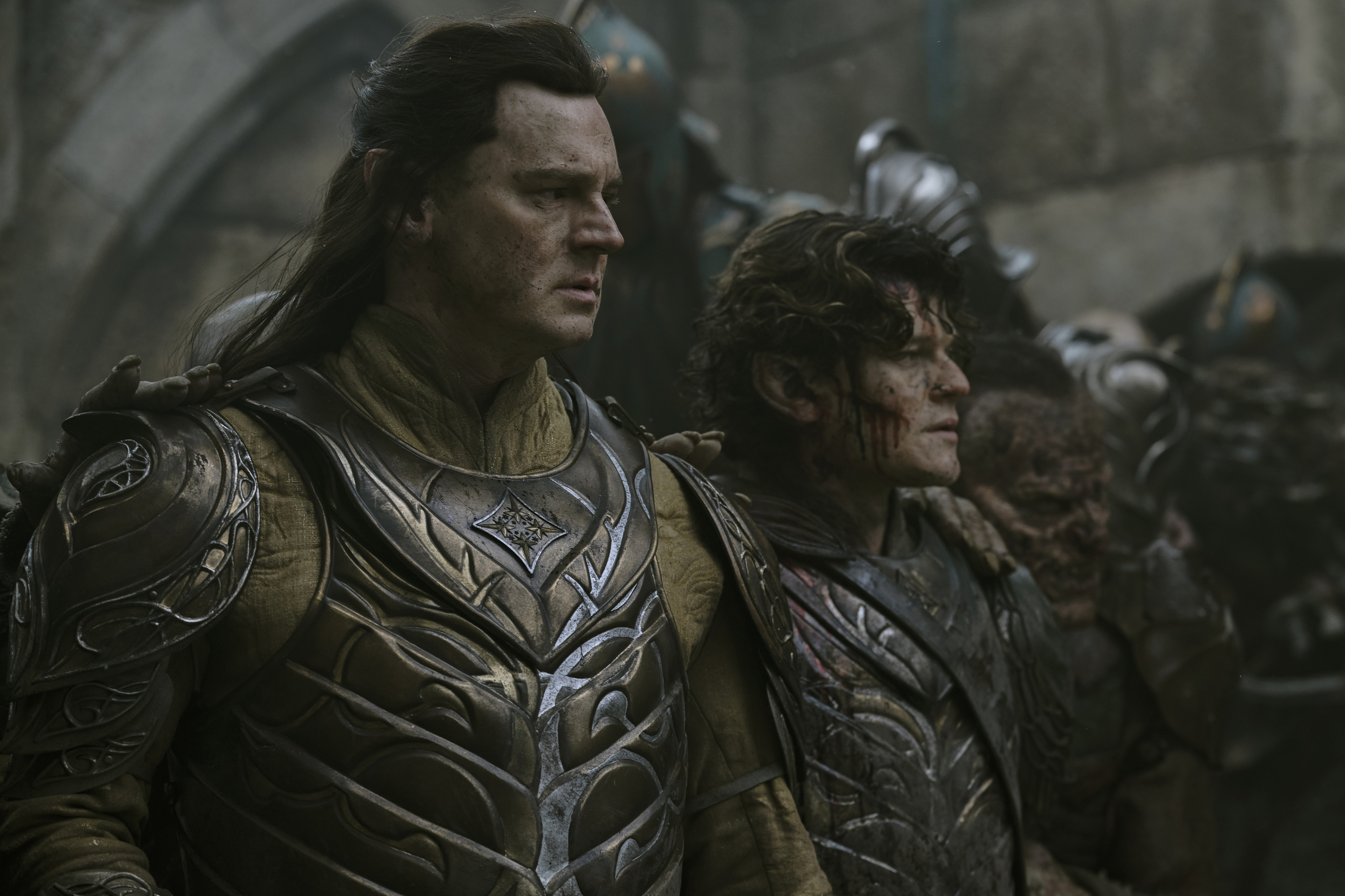 King Gil-galaad and Elrond covered in blood and looking sad