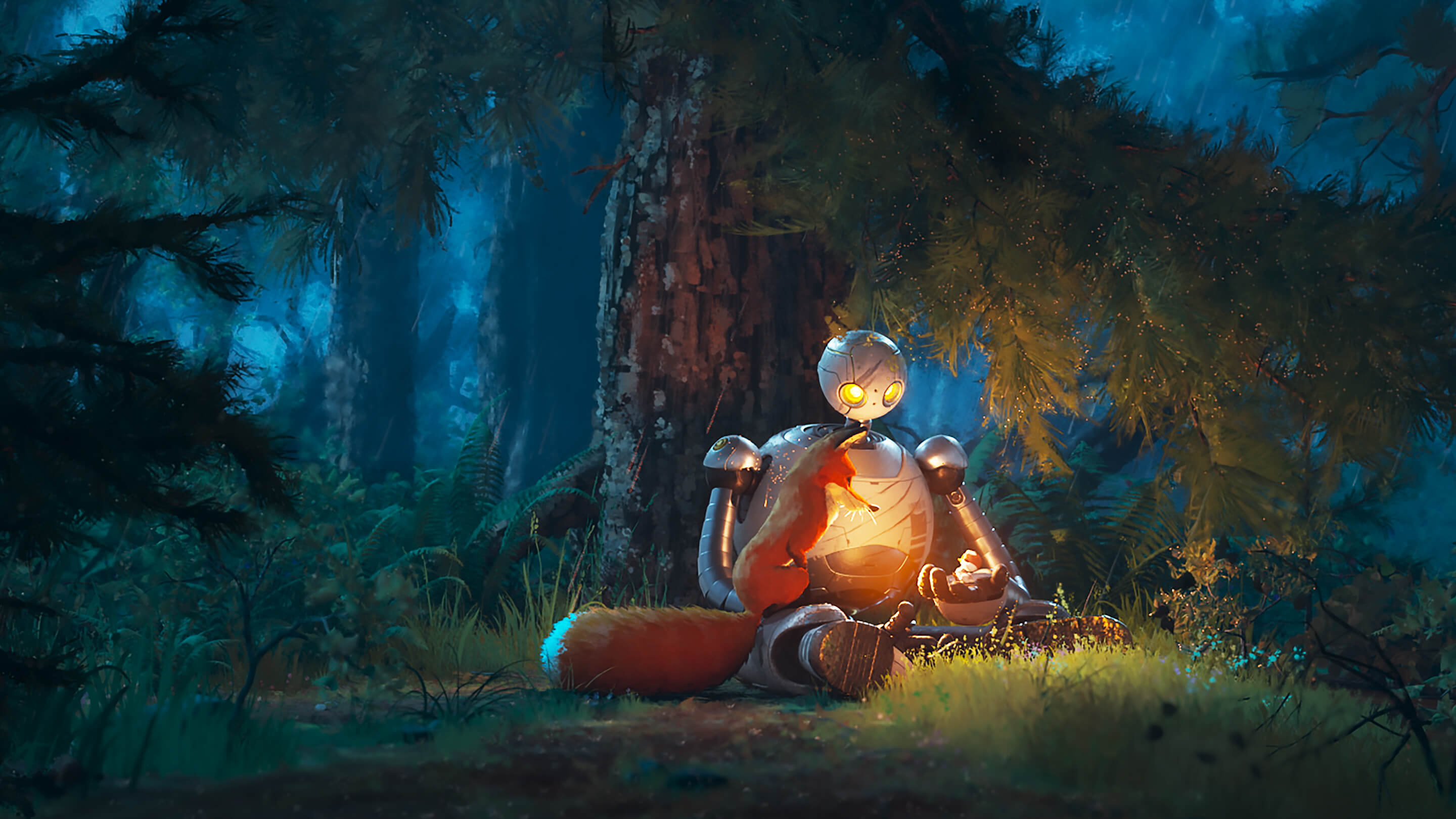 A robot sits under a tree in a lush forest, a fox curled up next to her, with a gosling besides her.