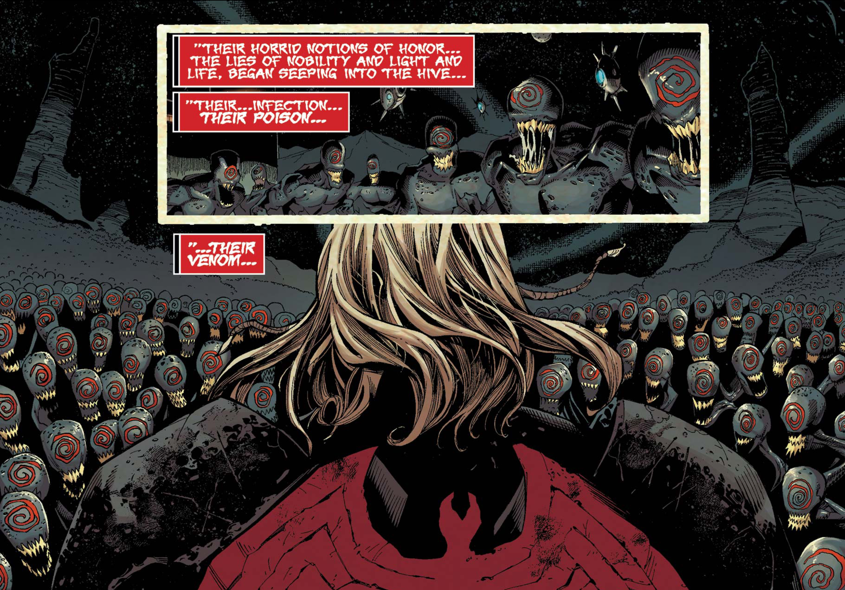 Knull stands against an army of freed symbiotes so large it reaches the horizon. Narration boxes say “Their horrid notions of honor… the lies of nobility and light and life, began seeping into the hive… their… infection… their poison… their venom…” in Venom #4 (2018).