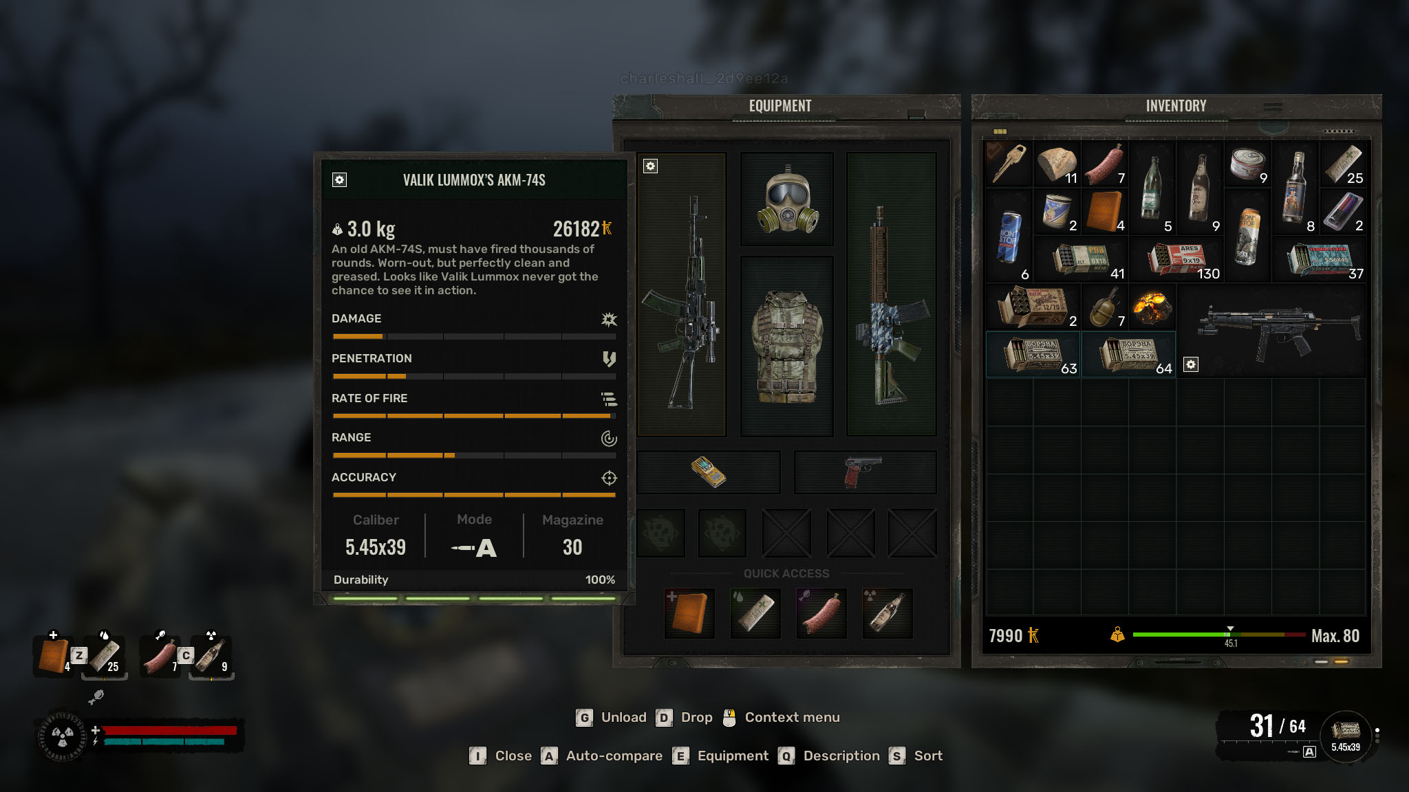 An inventory screen showing a named weapon from early in STALKER 2, a scoped AK model automatic rifle.