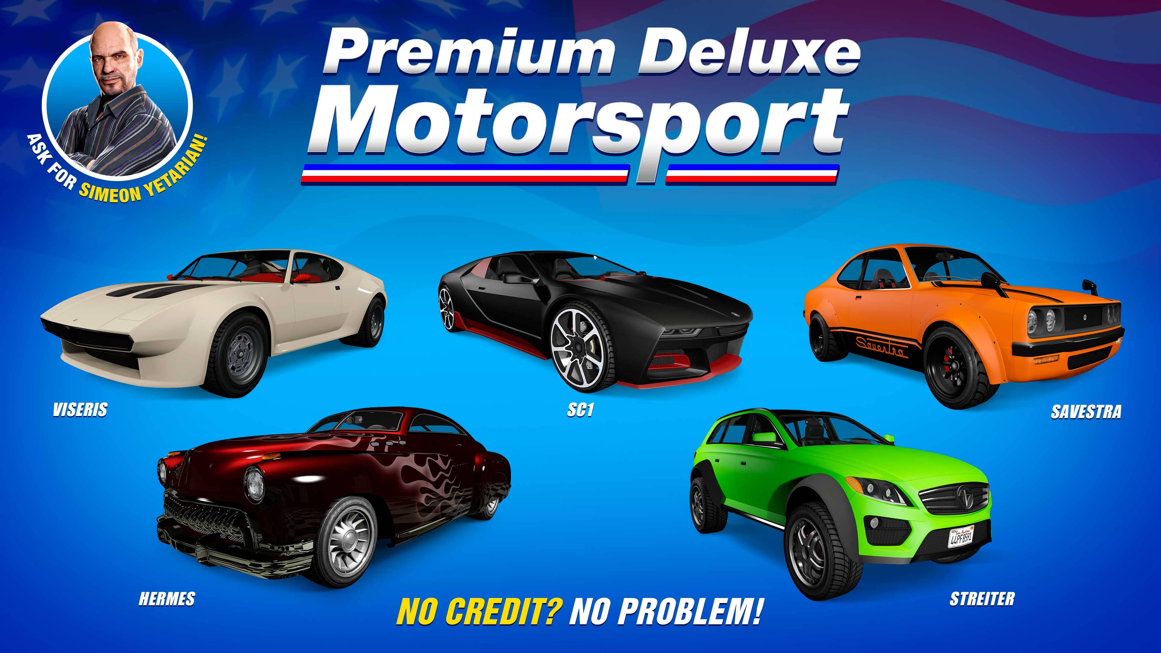 GTA Online promo art for Premium Deluxe Motorsport vehicles