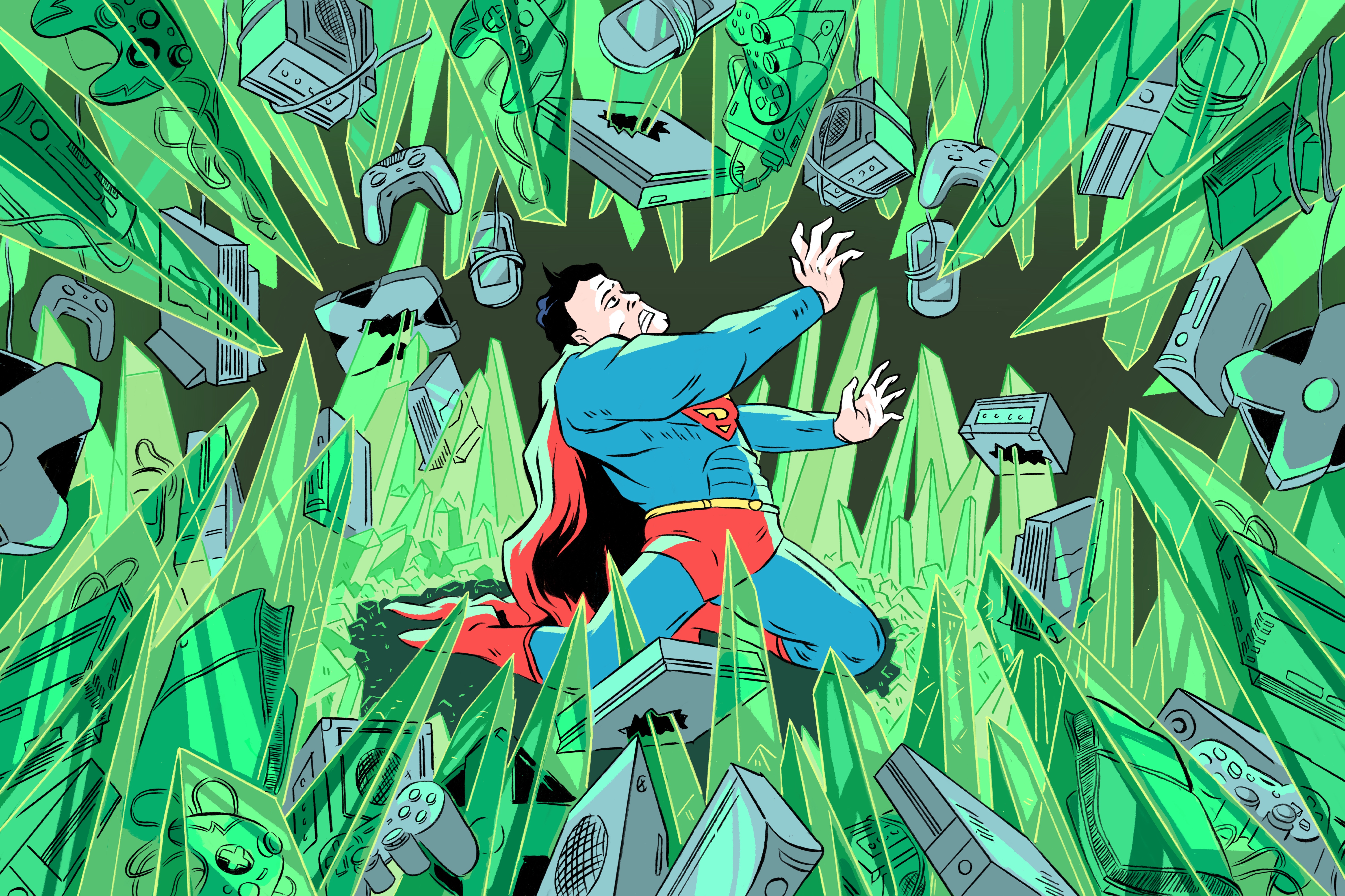 An original illustration shows Superman dodging spikes and game consoles