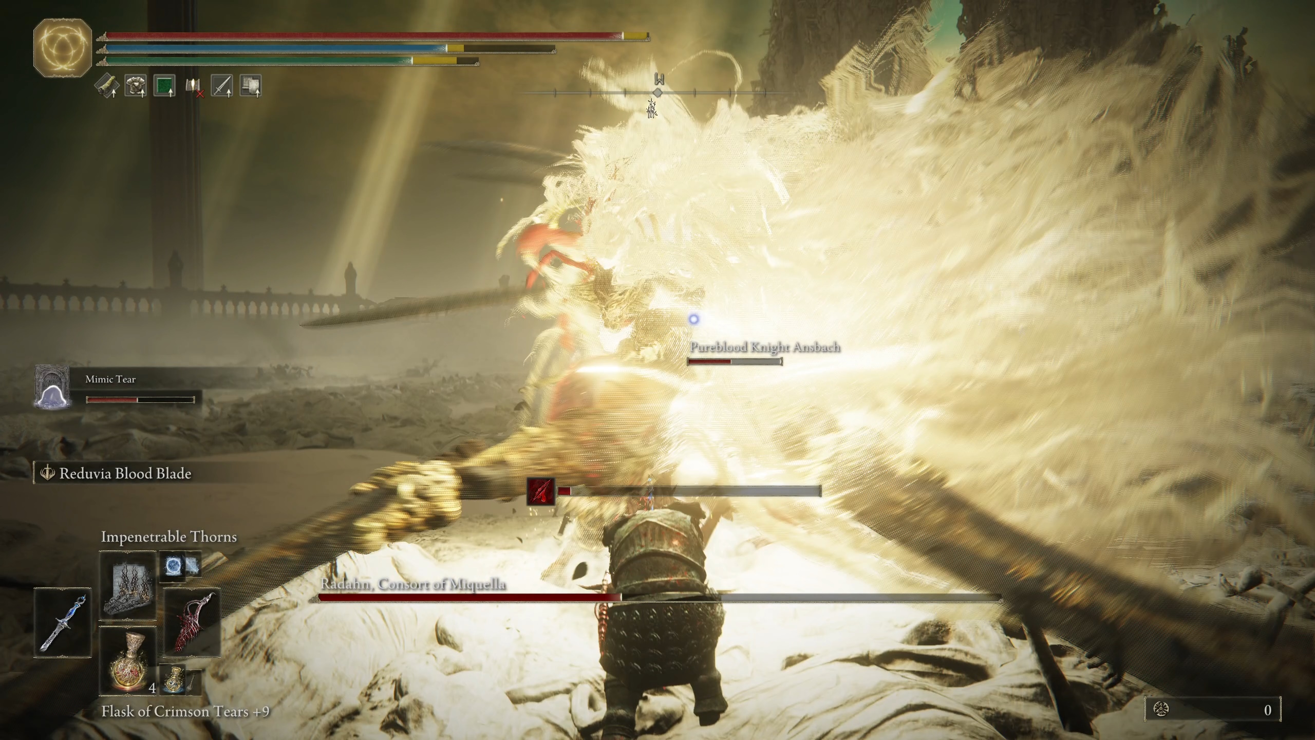 An Elden Ring DLC player attacks Radahn, the final boss fight.