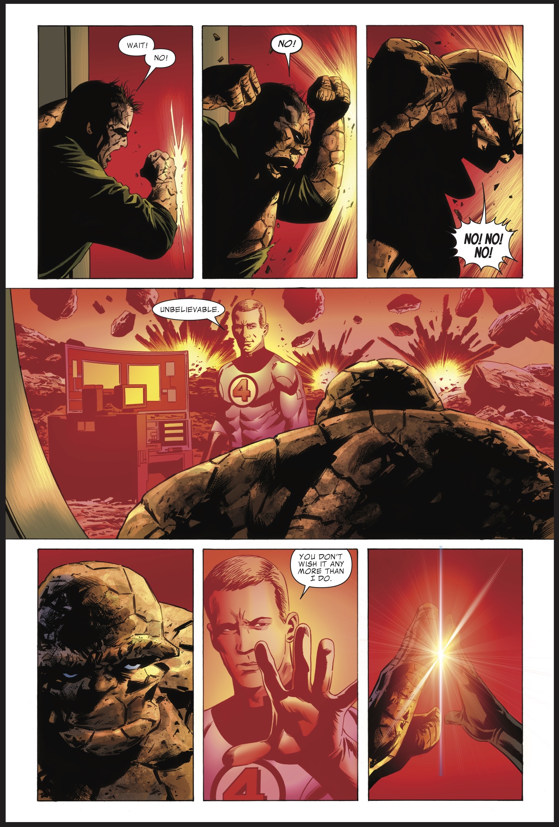 A page from 2011’s Fantastic Four #587. Ben Grimm is separated from Johnny Storm by a force field, as Johnny sacrifices himself to save Ben and others. Ben pounds on the wall, yelling “No! No! No!” as he changes into the Thing. “Unbelievable,” Johnny says. “You don’t wish it any more than I do.” Thing stares at him in resignation. They press their hands together, each on their own side of the force field.