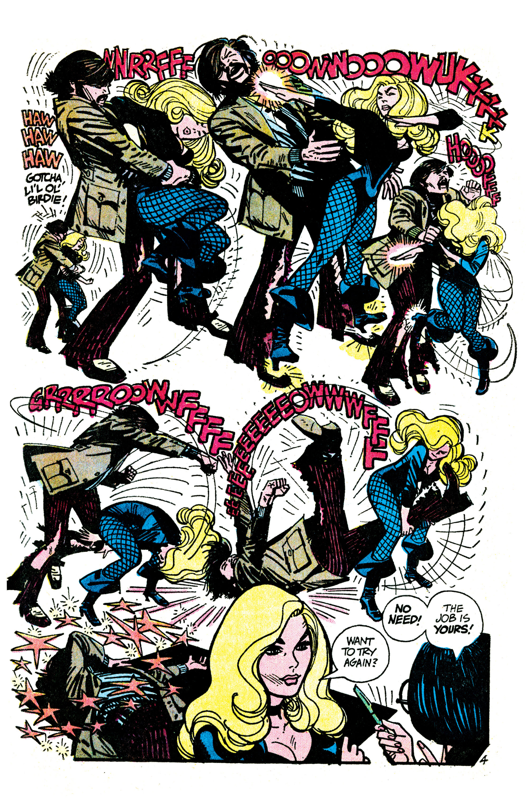 A bearded man tries to get the jump on Black Canary (“Haw haw haw… Gotcha, li’l ol’ birdie!”) and she turns the tables on him in a riotous one-page fight scene full of big sound effects and big movements. “Want to try again?” she asks a character at the bottom of the page. “No need! The job is yours!” they reply, handing her a pen. From Adventure Comics #418.