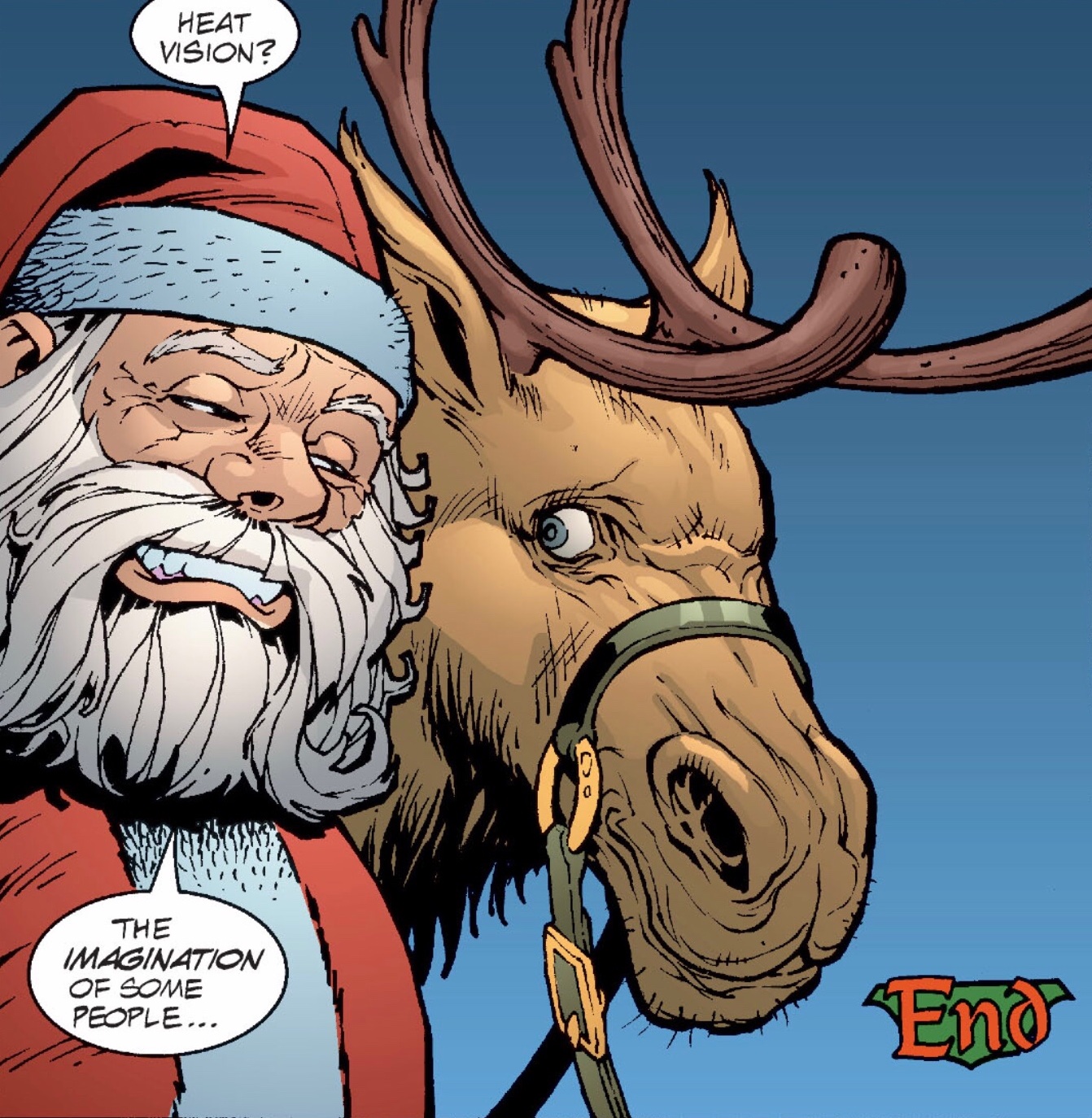 “Heat vision?” Santa says to a reindeer. “The imagination of some people,” in JLA #60, DC Comics (2002).