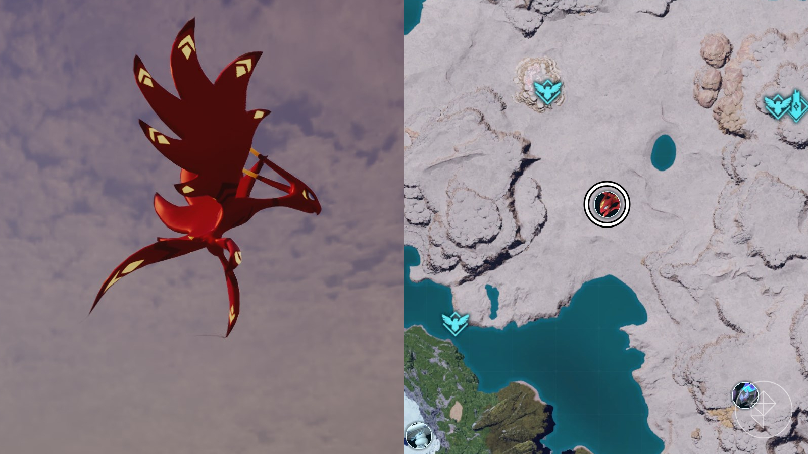 Suzaku Alpha Boss marked on the Palworld map by a circled portrait.