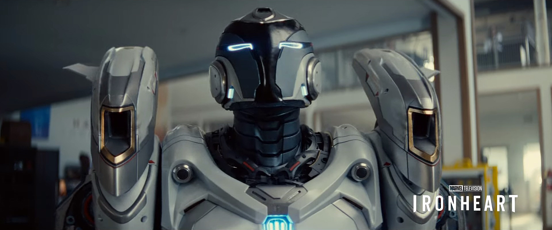 A still of Riri Williams armor in white from Ironheart