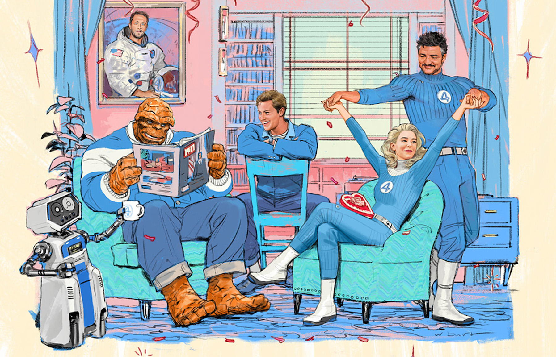 Artwork of the Fantastic Four movie, featuring illustrations of The Thing, Johnny Storm, Sue Storm, Reed Richards, and HERBIE the robot.