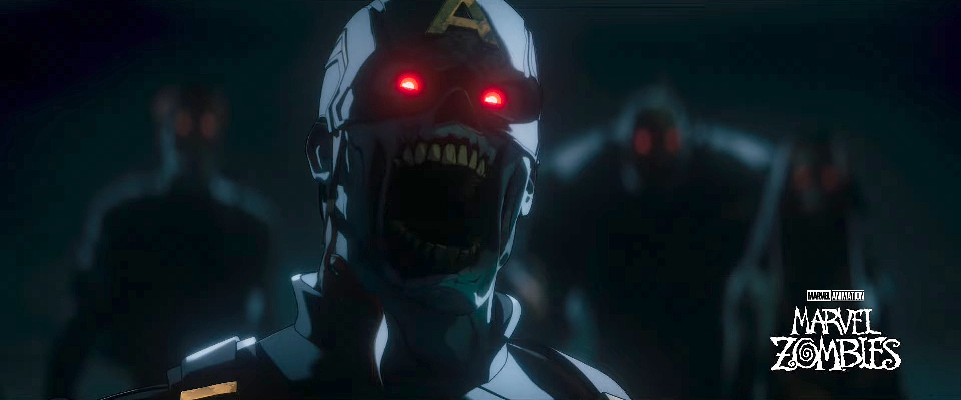 An undead version of Captain America with glowing red eyes screams in a still from TV series Marvel Zombies